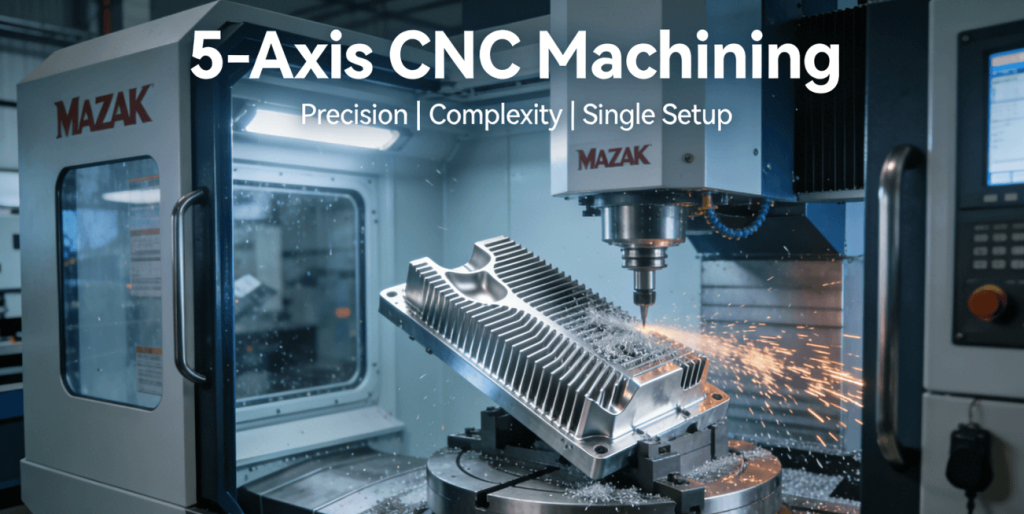 A 5-axis CNC machining center milling a complex, high-performance aluminum heatsink for audiovisual equipment in a single setup, demonstrating precision manufacturing.
